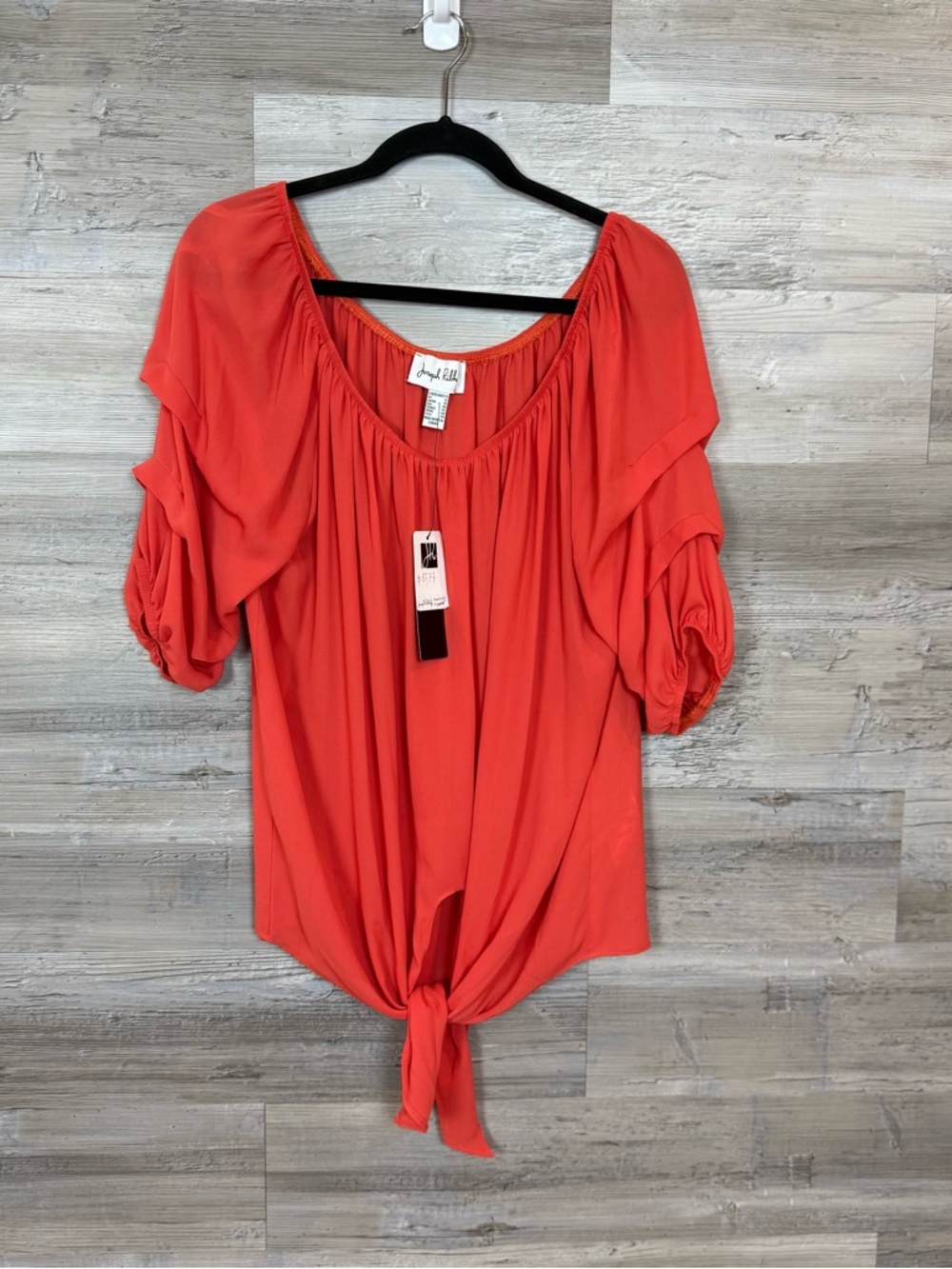 Joseph Ribkoff Flamingo Orange Tie-Front Blouse Chiffon Puff Sleeve Sz 12 NWT